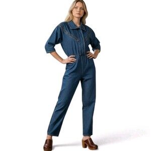 Vintage Cherokee Zip Front Embellished Denim Jumpsuit Sz S Western 70s Hippie